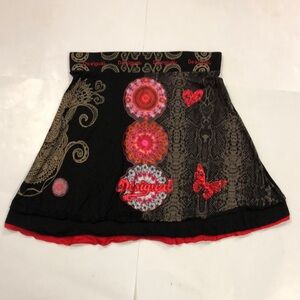 Desigual XL Skirt Black & Red Embellished Appliqués Embroidery Ruffle Layer NWOT
